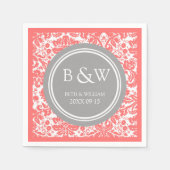 Serviette En Papier Monogramme personnalisé Mariage Napkin Coral Gris (Devant)