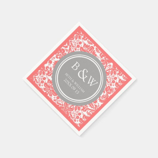 Serviette En Papier Monogramme personnalisé Mariage Napkin Coral Gris (Coin)