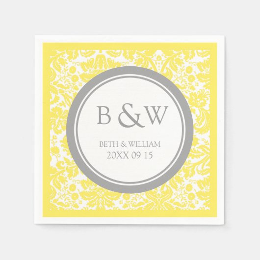 Serviette En Papier Monogramme personnalisé Mariage Napkin jaune gris (Devant)