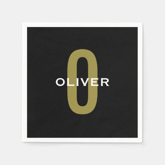 Serviette En Papier Monogramme personnalisé Noir Or Blanc Nom (Devant)