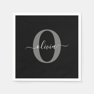 Serviette En Papier Monogramme personnalisé Nom de script noir blanc g