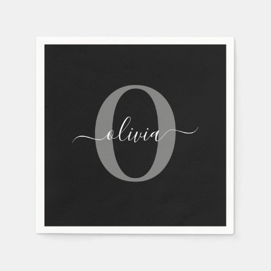 Serviette En Papier Monogramme personnalisé Nom de script noir blanc g (Devant)