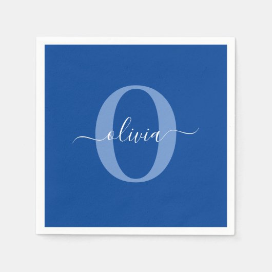 Serviette En Papier Monogramme personnalisé Nom du script Bleu Blanc (Devant)