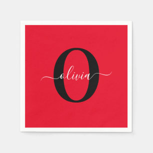 Serviette En Papier Monogramme personnalisé Nom du script Rouge Noir B
