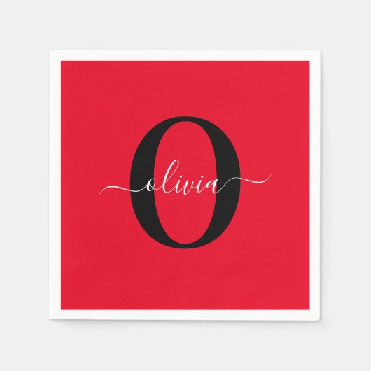 Serviette En Papier Monogramme personnalisé Nom du script Rouge Noir B (Devant)