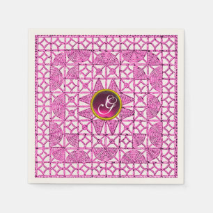 SERVIETTE EN PAPIER MONOGRAMME PIERRE GEMME BRODERIE LILAS GEOMETRIQUE