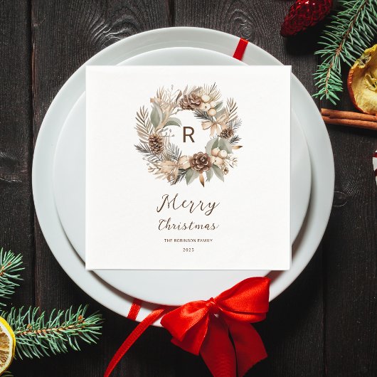 Serviette En Papier Monogramme Pinecone hiver Wreath Joyeux Noël