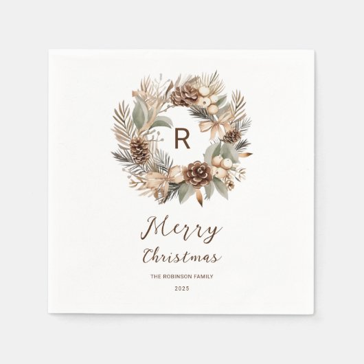 Serviette En Papier Monogramme Pinecone hiver Wreath Joyeux Noël (Devant)