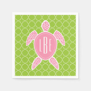Serviette En Papier Monogramme Pink Sea Turtle Green Quatrefoil