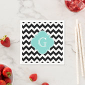 Serviette En Papier Monogramme Quatrefoil blanc noir Chevron Aqua (En situation)