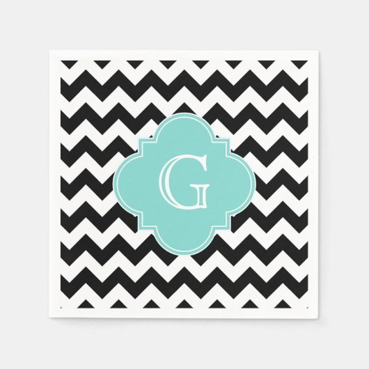 Serviette En Papier Monogramme Quatrefoil blanc noir Chevron Aqua (Devant)