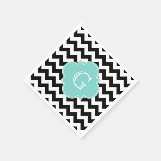 Serviette En Papier Monogramme Quatrefoil blanc noir Chevron Aqua (Coin)