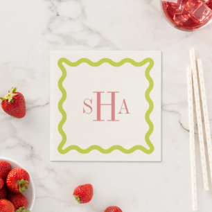 Serviette En Papier Monogramme rose à trois lettres avec carré ondulé