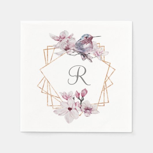 Serviette En Papier Monogramme rose blanc Magnolias Bird Gold Frame (Devant)