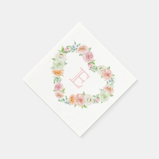 Serviette En Papier Monogramme | Rose Floral Heart Mariage de couronne (Coin)