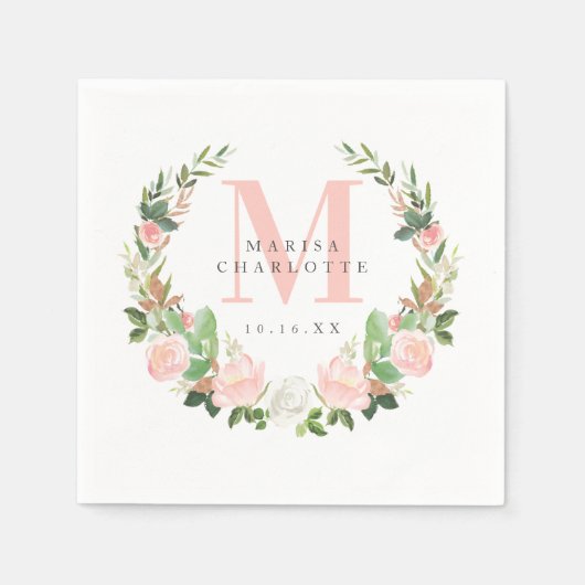 Serviette En Papier Monogramme rose Flore Wreath Baptême Dédication (Devant)