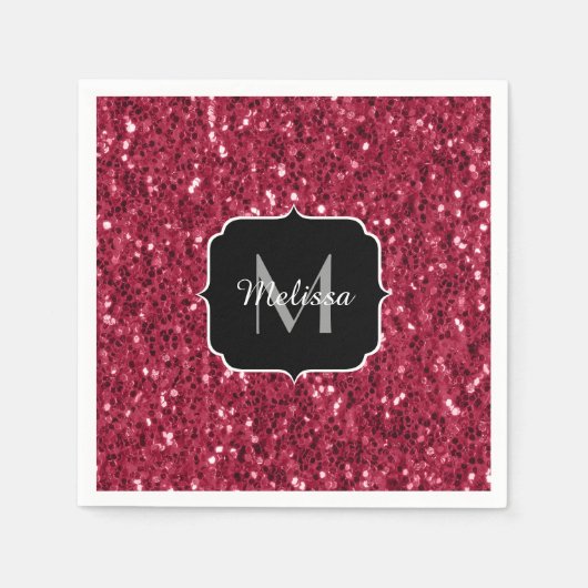 Serviette En Papier Monogramme rose foncé magenta faux scintillants (Devant)
