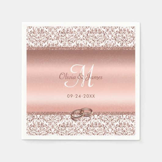 Serviette En Papier Monogramme rose Gold Mariage damassé (Devant)