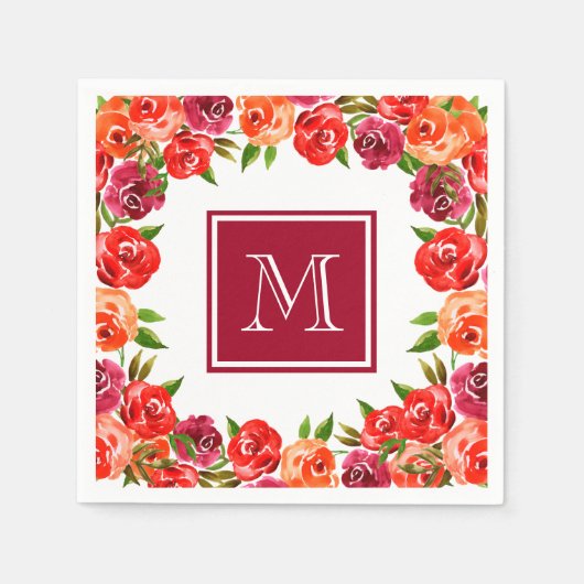 Serviette En Papier Monogramme Rose Rouge Orange Fleurs (Devant)