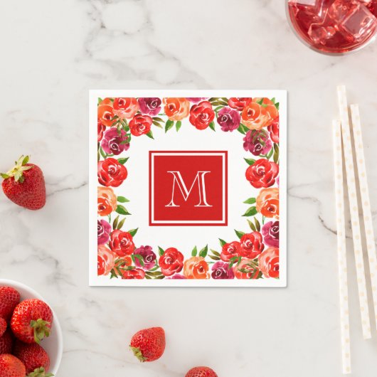 Serviette En Papier Monogramme Rose Rouge Orange Fleurs (En situation)