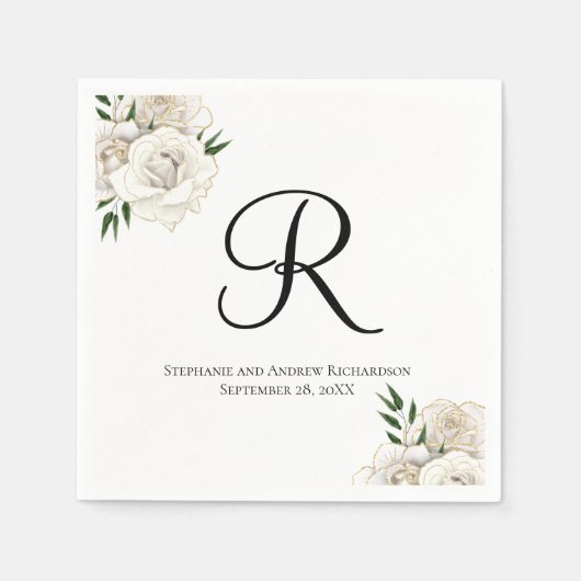 Serviette En Papier Monogramme Roses Blanches Floral Mariage élégant N (Devant)