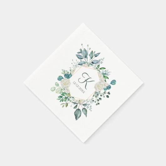 Serviette En Papier Monogramme Roses blanches Verdure Eucalyptus Maria (Coin)