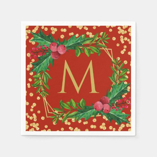 Serviette En Papier Monogramme rouge or Joyeux Noël Holly Parties scin (Devant)