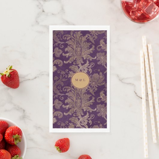 Serviette En Papier Monogramme royal damassé violet (En situation)