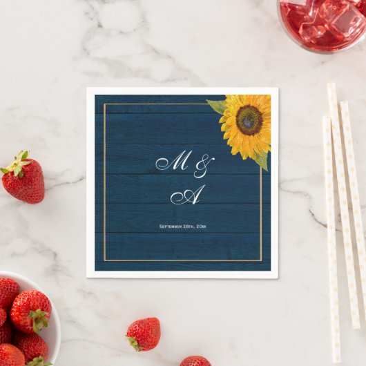 Serviette En Papier Monogramme Russe Mariage de Sunflower Bleu Marine (En situation)