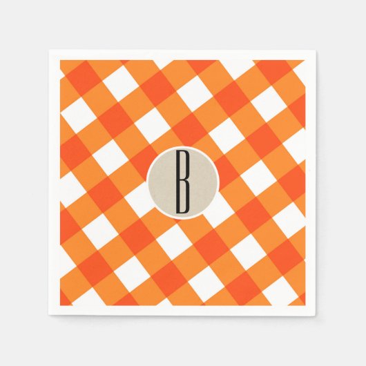 Serviette En Papier Monogramme rustique Kraft Plaid Blanc orange initi (Devant)