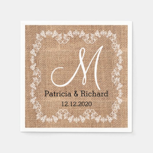 Serviette En Papier Monogramme Rustique Mariage Burlap (Devant)