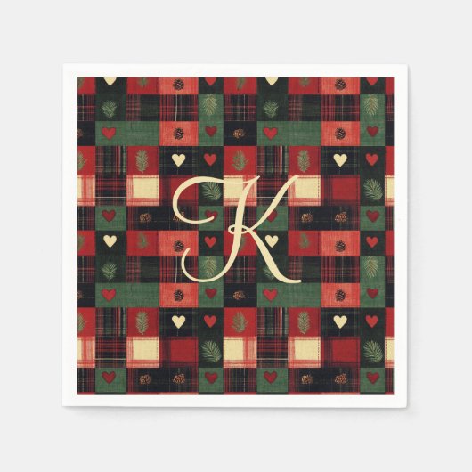Serviette En Papier Monogramme Rustique Pays Rouge Vert Coeurs Plaid (Devant)