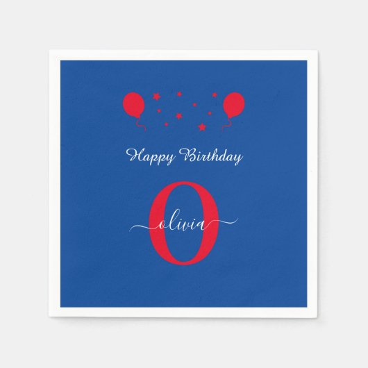 Serviette En Papier Monogramme Script Joyeux Anniversaire Bleu Blanc R (Devant)