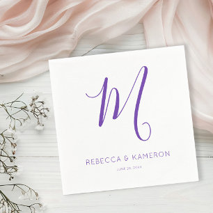 Serviette En Papier Monogramme simple et élégant violet et blanc