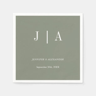 Serviette En Papier Monogramme Simple Moderne Mariage Vert Sauge Blanc