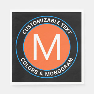 Serviette En Papier Monogramme & Texte Gras Noir Blanc Orange & Bleu