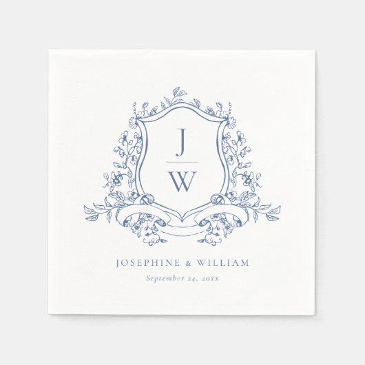 Serviette En Papier Monogramme traditionnel Crest Bleu Mariage élégant (Devant)
