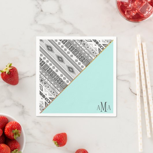 Serviette En Papier Monogramme tribal aztèque noir turquoise (En situation)