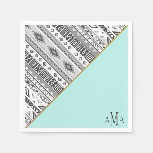 Serviette En Papier Monogramme tribal aztèque noir turquoise (Devant)
