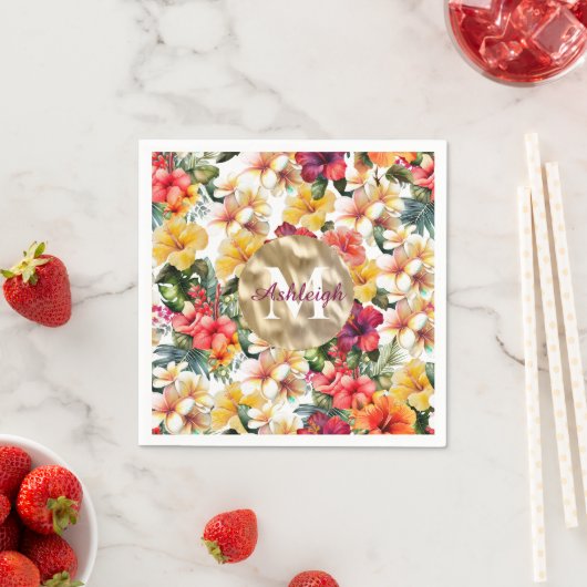 Serviette En Papier Monogramme Tropical Rouge Jaune Hibiscus Fleurs (En situation)