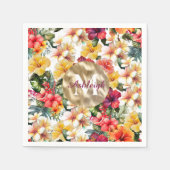 Serviette En Papier Monogramme Tropical Rouge Jaune Hibiscus Fleurs (Devant)