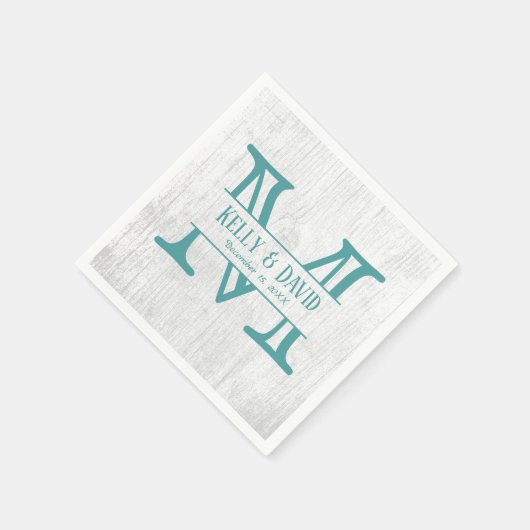 Serviette En Papier Monogramme Turquoise Grange rustique Bois Élégant (Coin)