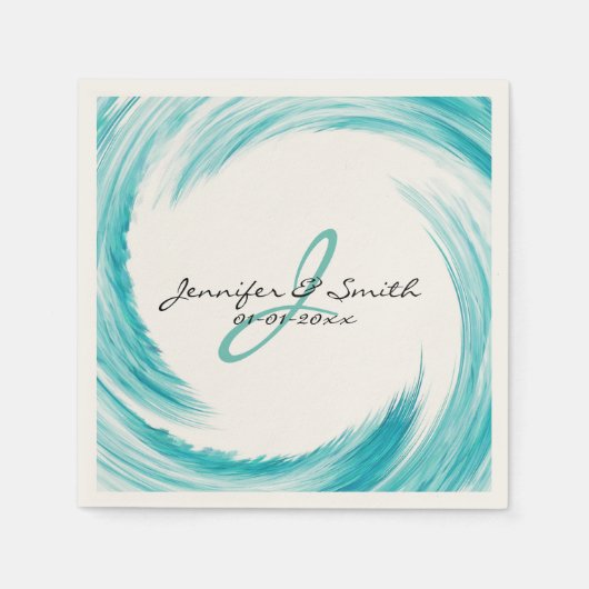 Serviette En Papier Monogramme Turquoise Swirl Art Abstrait (Devant)