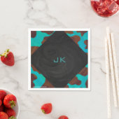 Serviette En Papier Monogramme Vache Impression Brown et Turquoise (En situation)