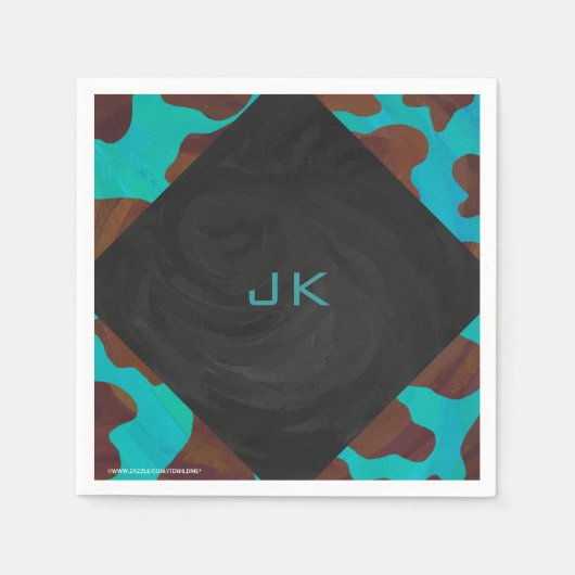 Serviette En Papier Monogramme Vache Impression Brown et Turquoise (Devant)