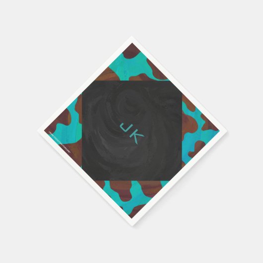 Serviette En Papier Monogramme Vache Impression Brown et Turquoise (Coin)