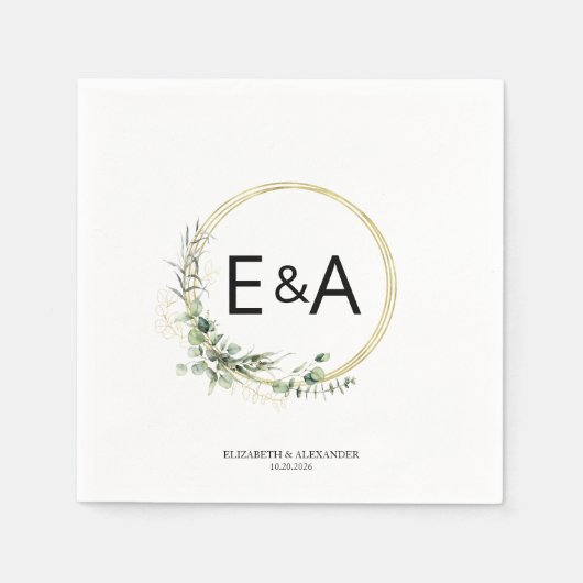 Serviette En Papier Monogramme Verdure Wreaths Eucalyptus Mariage (Devant)