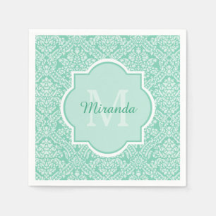 Serviette En Papier Monogramme vert de menthe élégant avec nom
