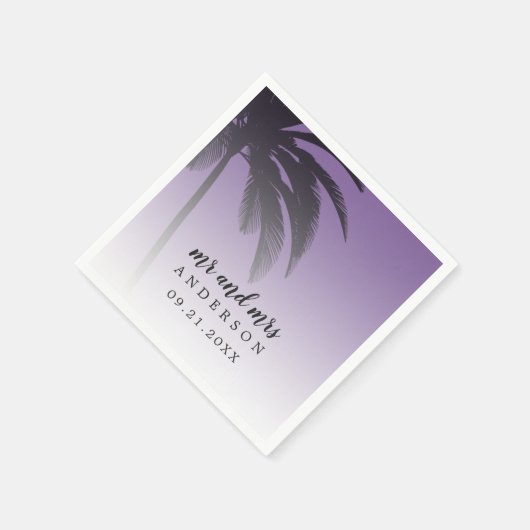 Serviette En Papier Monogramme Violet Tropical Palm Tree Beach Mariage (Coin)