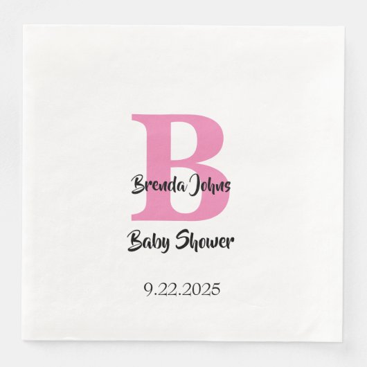 Serviette En Papier Monogrammes Baby shower rose blanc mignonne Élégan (Devant)